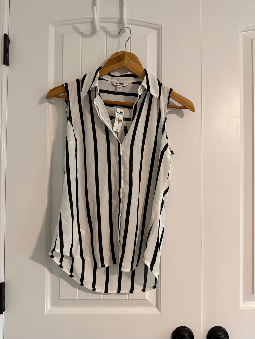 Express Black and White Vertical Stripe Sleeveless Button-Front Blouse